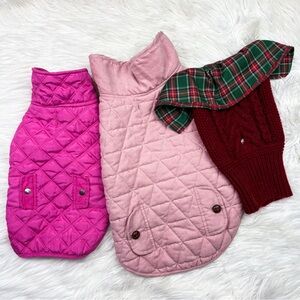 3 FOR $15 BUNDLE LOT 3 Fleece Lined Dog Outdoor Coat Pink Tartan Holiday Sweater